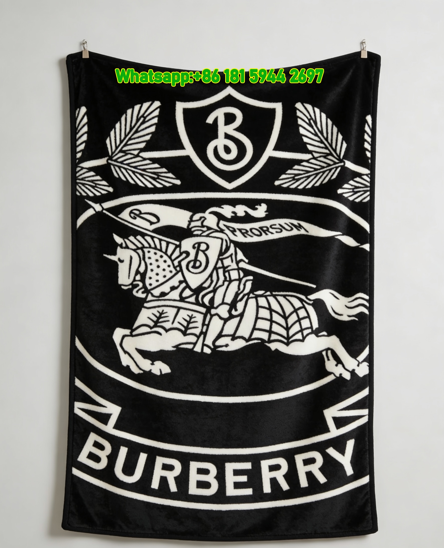 Burberry Equestrian Knight Crest Monochrome Flannel Throw Blanket B114